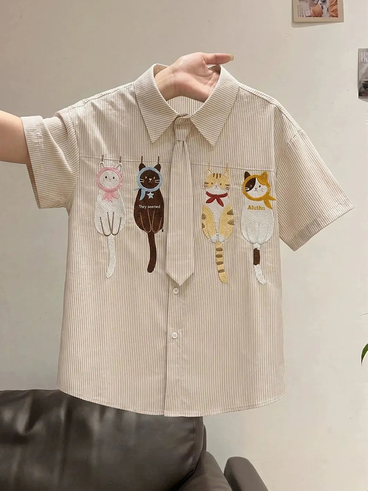 Embroidery Cotton Shirt - Cute Cartoon Tie Shirt Women Loose