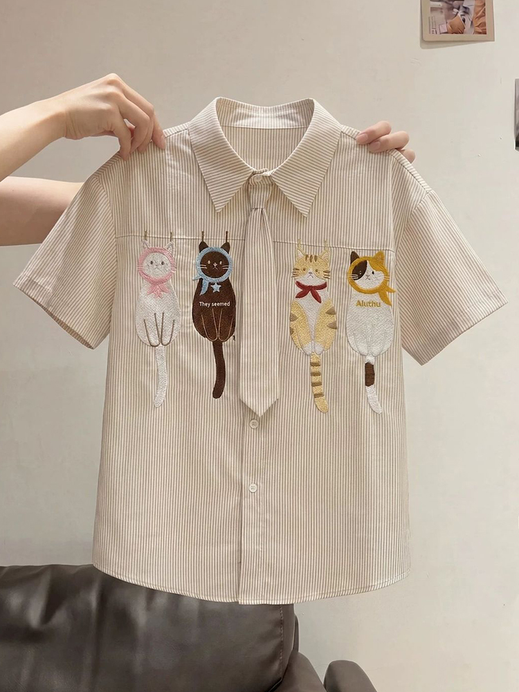Cute Cartoon Tie Shirt Women L - Embroidery Cotton Shirt ulasan dan harga