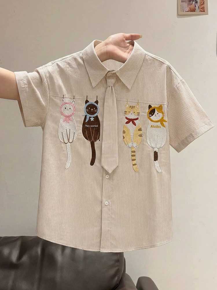 Cute Cartoon Tie Shirt Women L - Embroidery Cotton Shirt ulasan dan harga