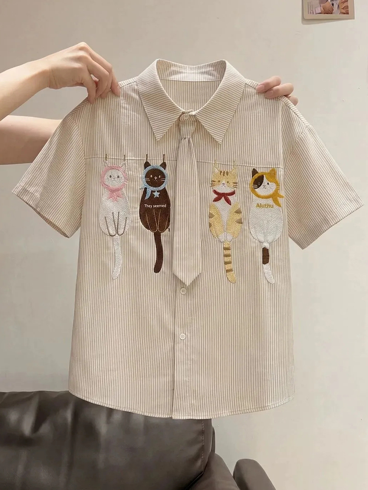 Cute Cartoon Tie Shirt Women L - Embroidery Cotton Shirt ulasan dan harga