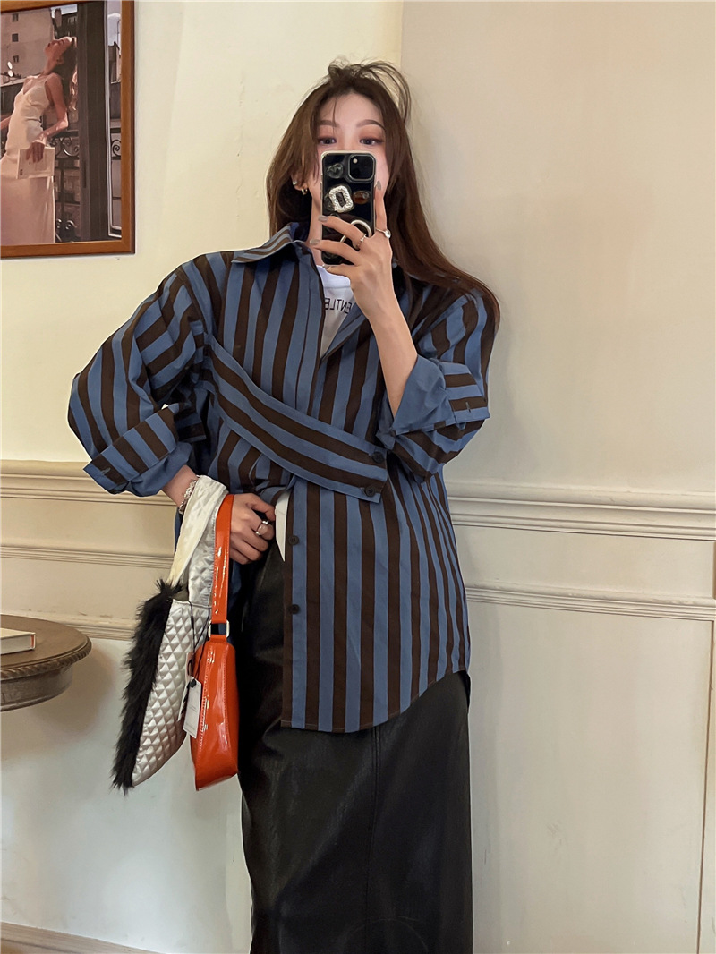 Korean striped shirt with asym - Embroidery Online ulasan dan harga