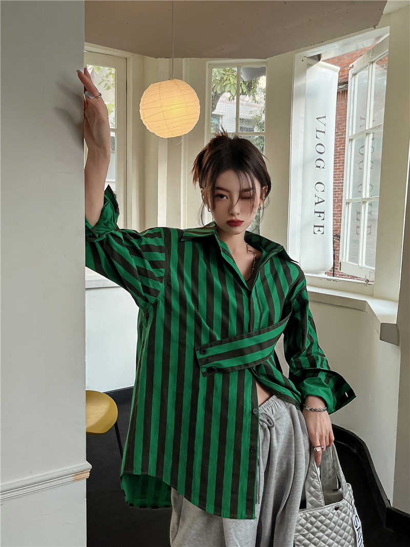 Korean striped shirt with asym - Embroidery Online ulasan dan harga