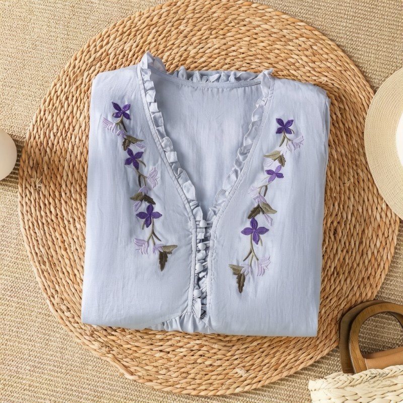 Elegant Purple Floral Embroide - Embroidery Cotton Shirt ulasan dan harga